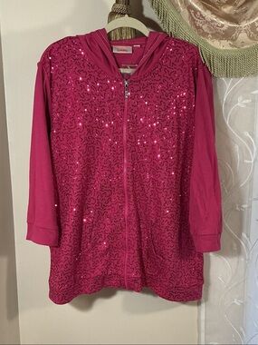 Quacker Factory Sequin Hooded Zip Jacket Hot Pink 1X Barbie Festive Athleisure